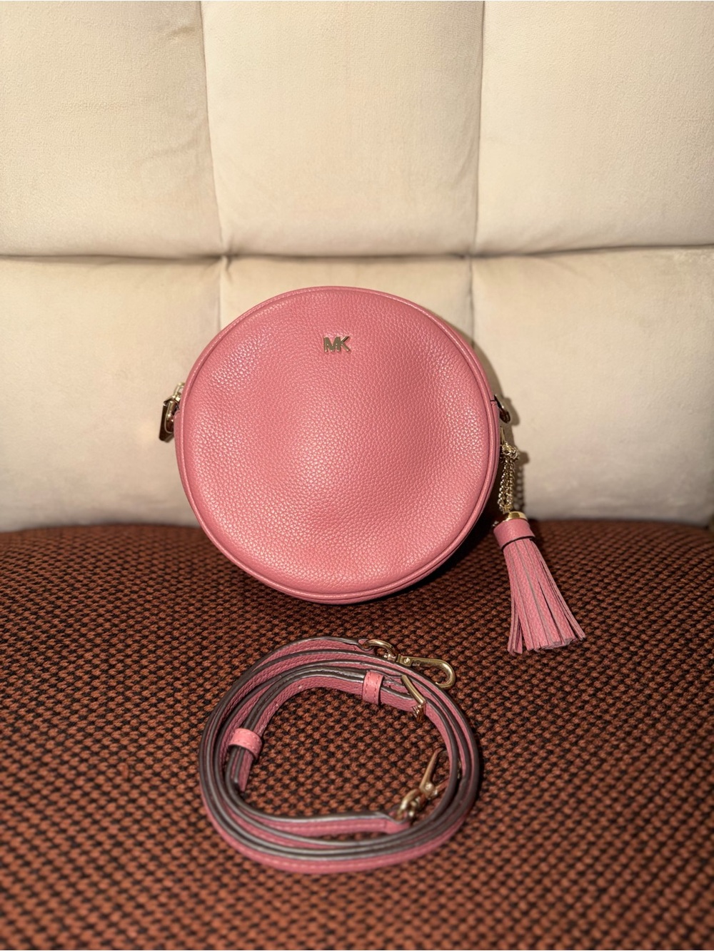 Michael Kors Pink Round Pebbled Leather Crossbody with Tassel